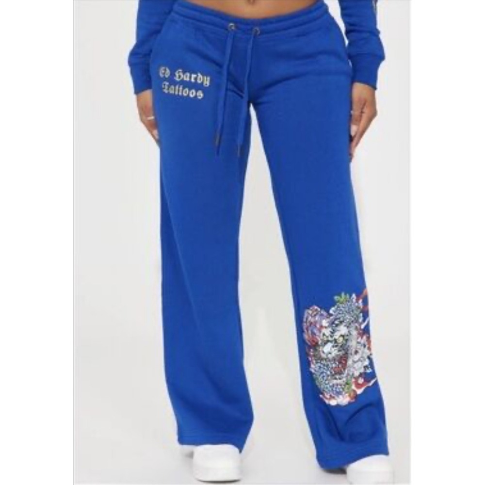 Ed Hardy Sweatpants Womens Small Blue Tattoo Graphic Fleece Drawstring Logo